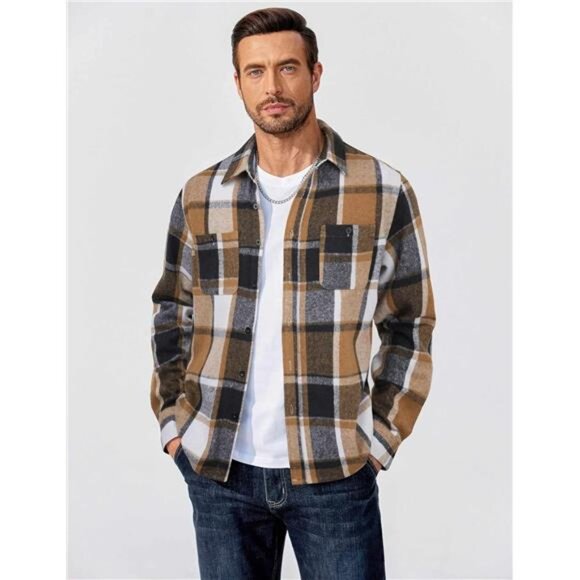 Men's Flannel Shirts Long Sleeve Plaid Button Down Black Khaki - Picture 2 of 5